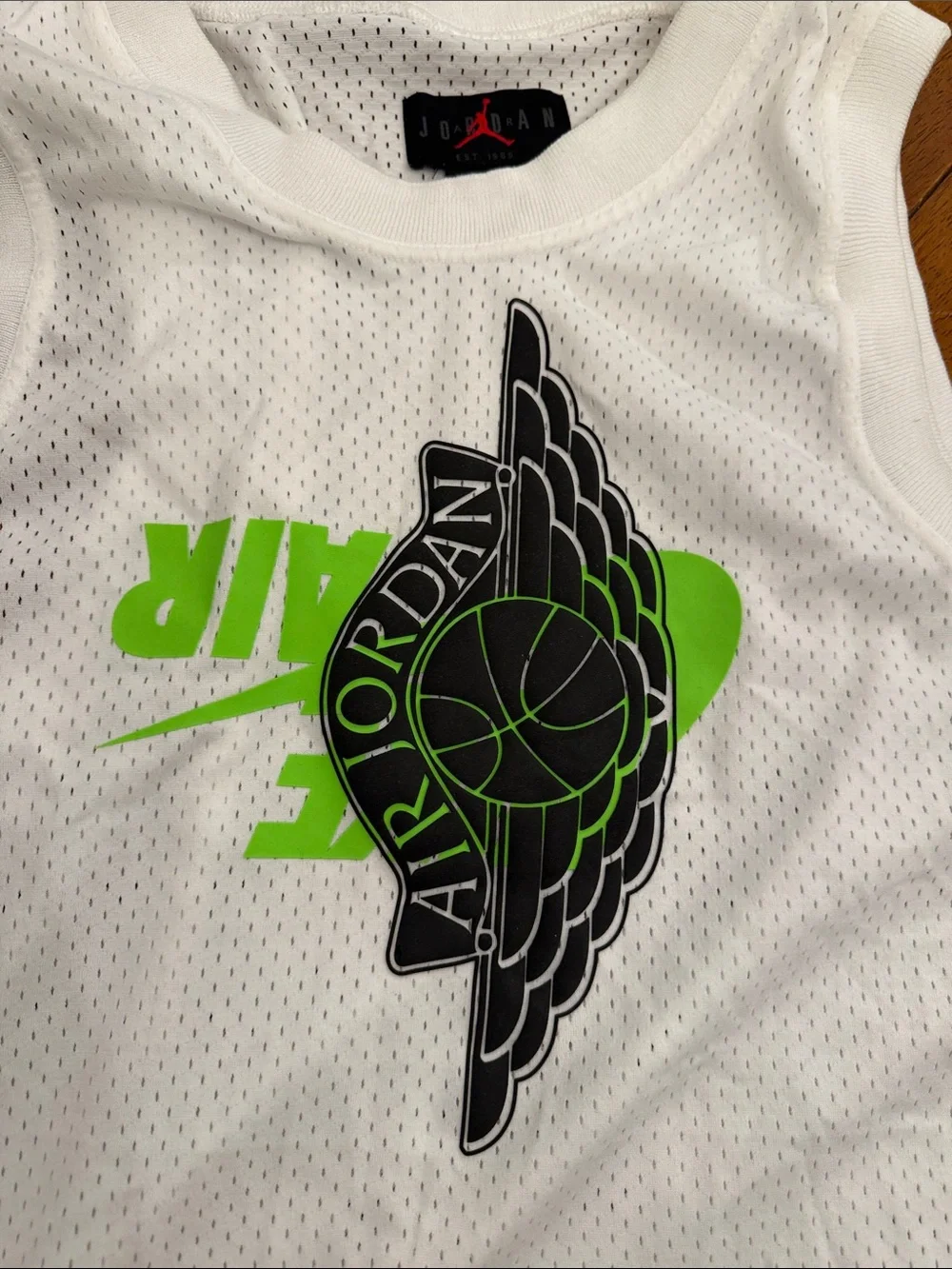 Jordan White Mesh Tank Top with Black and Neon Green Logo xl